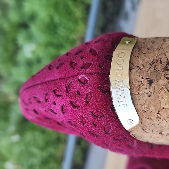 JIMMY CHOO 'PAPINA' BERRY WINE SUEDE CORK WEDGE Size 40 - Picture 8 of 14